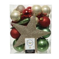 Decoris kerstballen - 33x st incl. ster piek - champagne/rood/groen - kunststof - thumbnail