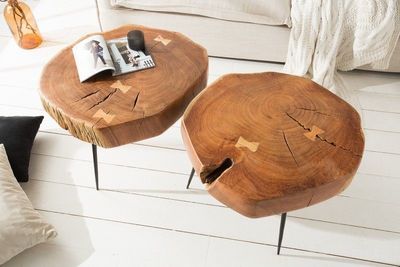 Ronde salontafel GOA 60cm massief acaciahout boomstam zwart metalen poten - 36558