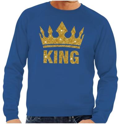 Koningsdag verkleed sweater heren - blauw - King - glitter goud - kroon