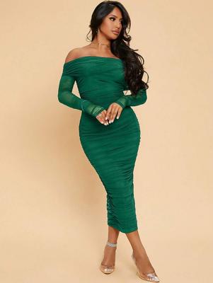 Apricot Off Shoulder Ruched Mesh Bodycon Prom Party Dress Dark Green / XS