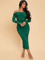 Apricot Off Shoulder Ruched Mesh Bodycon Prom Party Dress Dark Green / XS