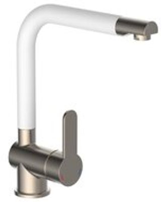 RIO ééngreepsmengkraan keuken met hoge uitloop, RVS /wit mat elegante kraan met hoge uitloop en draaibereik 360° cold-start functie - koud water bij greep in de middelste stand keramische schijv