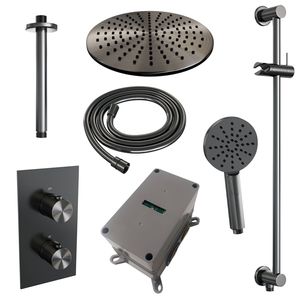 Regendoucheset Inbouw Brauer Gunmetal Edition Thermostatisch 30cm met 3-Weg Omstelling, Plafondarm, Glijstang en Handdouche 3-Standen Geborsteld Gunmetal