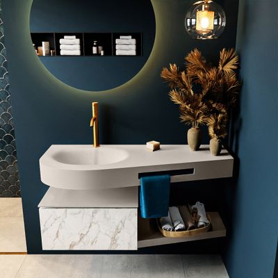 MONDIAZ RIVA 120cm badmeubel onderkast / planchet kleur carrara met 1 lade. Wastafel DULCET links 1 kraangat kleur Linen. MONDIAZ RIVA 120cm badmeubel onderkast / planchet kleur carrara met 1 lade. Wastafel DULCET links 1 kraangat kleur Linen.