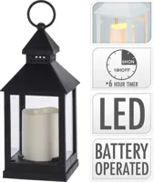 LED lantaarn met kaarsje zwart 10,5 x 23cm