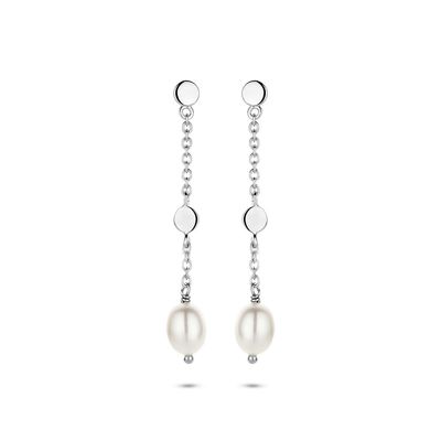 Oorhangers zilver-zoetwaterparel zilverkleurig-wit 5,5 x 35 mm