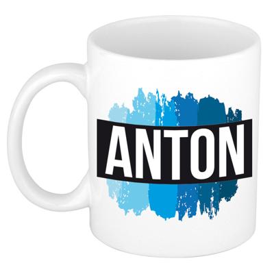 Anton naam cadeau koffie mok - beker - met blauw verfstrepen - Cadeau collega - vaderdag
