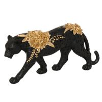 Beeldje Panter rozen - 40 cm - polyresin - zwart / goud - decoratie dieren beeld