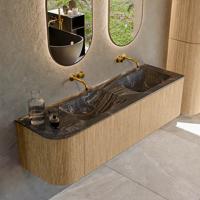 Mondiaz KURVE-DLUX 155 cm Onderkast Greeploos 2 Lades Met Deuren Oak, Wastafel Solid Surface Rechts Lava 0 Kraangaten Zonder Spiegel (KRVLEA155L2L1D0KD-Oak/Lav)