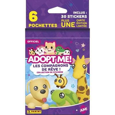 Stickers - PANINI - Adopt Me! Roblox - blisterverpakking met 6 vakken - 1 kaart in beperkte oplage - 35 stickers