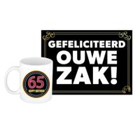 Verjaardag cadeau koffiemok 65 jaar - man - neon sign - met gefeliciteerd ouwe zak wenskaart