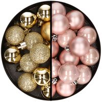 36x stuks kunststof kerstballen goud en lichtroze 3 en 4 cm - thumbnail