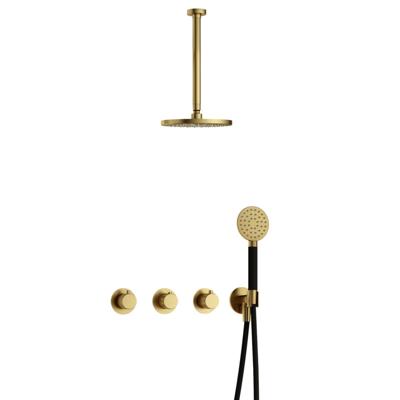 Hotbath Cobber X - CX7067 - Inbouw Regendoucheset - Geborsteld Messing PVD - 2 Stopkranen - Thermostatisch - Plafondbuis 30 cm - Hoofddouche 200 mm - Ronde Handdouche 3 Standen - Waterbesparend