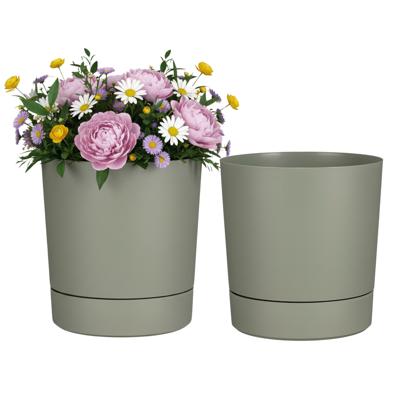 Mica Decorations Bloempot Coco - 2x - met onderschaal - olijfgroen - H30 x D28 cm - kunststof
