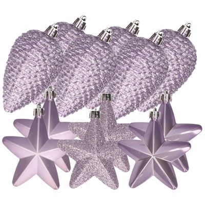 Dennenappels en sterren kerstornamenten - 12 stuks - kunststof - lila Dennenappels en sterren kerstornamenten - 12 stuks - kunststof - lila
