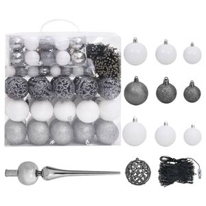 VidaXL 120-delige kerstballenset met piek en 300 led&apos;s wit en grijs