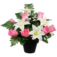 Kunstbloemen boeket lelie/roos in pot - wit/roze - H30 cm - Bloemstuk - Bladgroen