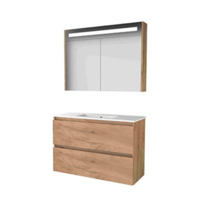 Basic-Line Premium 39 Badkamermeubelset - Ondiep - 100 x 39 cm - Greeploos - 2 Lades - Keramische Wastafel - 1 Kraangat - Spiegelkast met LED Verlichting - Whisky Oak