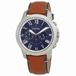 Fossil Heren 44 mm bruine lederen band stalen kast quartz blauwe wijzerplaat analoog horloge FS5210