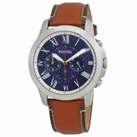 Fossil Heren 44 mm bruine lederen band stalen kast quartz blauwe wijzerplaat analoog horloge FS5210