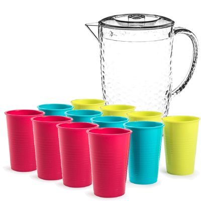 Sapkan/schenkkan karaf met deksel 2 liter set met 12x kunststof drinkglazen 360 ml