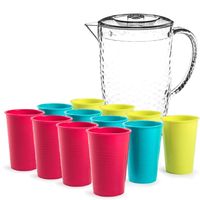 Sapkan/schenkkan karaf met deksel 2 liter set met 12x kunststof drinkglazen 360 ml