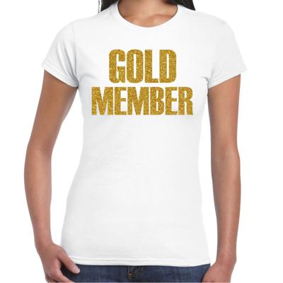 Verkleed T-shirt dames - gold member -? wit - glitter goud - themafeest fout/goud/stout