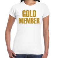 Verkleed T-shirt dames - gold member - wit - glitter goud - themafeest fout/goud/stout Verkleed T-shirt dames - gold member - wit - glitter goud - themafeest fout/goud/stout