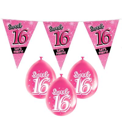 Sweet 16 - Sixteen versiering pakket - vlaggetjes - ballonnen - roze - met leeftijd print Sweet 16 - Sixteen versiering pakket - vlaggetjes - ballonnen - roze - met leeftijd print