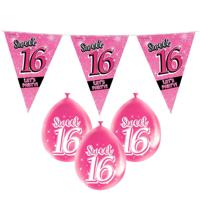 Sweet 16 - Sixteen versiering pakket - vlaggetjes - ballonnen - roze - met leeftijd print