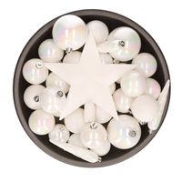 Set van 33x stuks kunststof kerstballen met ster piek parelmoer wit mix - Kerstbal - thumbnail