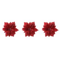 6x stuks decoratie bloemen kerstster rood glitter op clip 24 cm - thumbnail