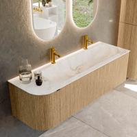 Badmeubel Mondiaz Kurve-Dlux | 145 cm | Meubelkleur Oak | Wastafelkleur Frappe | Solid surface | Rechts spoelbak | 2 kraangaten