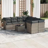 9-delige Loungeset met kussens poly rattan grijs