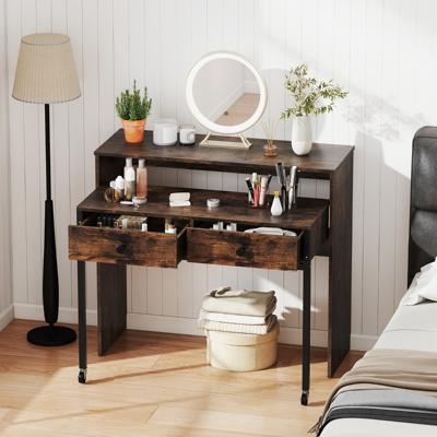 Uittrekbare Bureau Kleine Computertafel met 2 Lades en Wielen 100 x 63 x 88 cm Bruin
