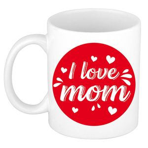 I love mom/ mama cadeau koffiemok / theebeker wit cirkel met hartjes 300 ml - feest mokken
