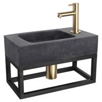 Differnz fonteinset bombai black - natuursteen - kraan recht - met handdoekrek - 40 x 22 x 9 cm - mat goud