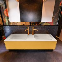 Badkamermeubelset Mondiaz Erin 150 cm met 1 Lade met RIDGE Wastafel Dubbel Linen met 2 kraangaten Greeploos Mat Ocher