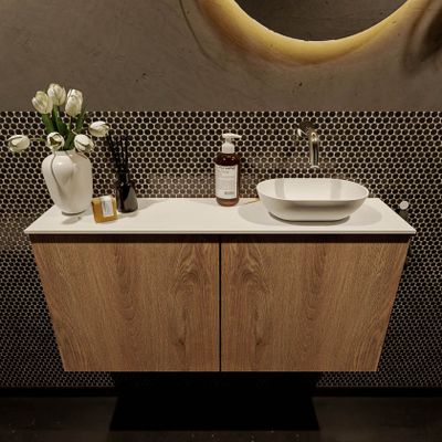 Mondiaz Fowy toiletmeubel 100cm washed oak met blad en waskom talc rechts zonder kraangat
