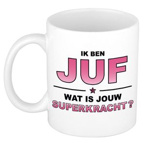 Ik ben juf wat is jouw superkracht cadeau mok / beker wit en roze - cadeau / verjaardag / beroepen   -