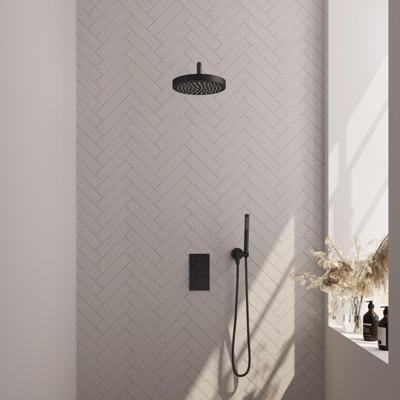 BRAUER Stripe Thermostatische Inbouw Regendouche - 3-weg - rechthoekig - SET 14 - 25cm douchekop - gebogen muurarm - staaf handdouche - doucheslang - wandaansluitbocht - mat zwart 5-S-391