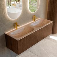 Badmeubel Mondiaz Kurve-Dlux | 140 cm | Meubelkleur Walnut | Wastafelkleur Saba | Solid surface | Wasbak beide zijden spoelbak | 2 kraangaten