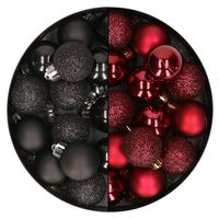 28x stuks kleine kunststof kerstballen zwart en bordeaux rood 3 cm - thumbnail