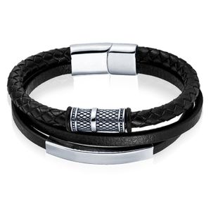Mendes multi armband leer RVS Kraal Zwart Zilverkleurig