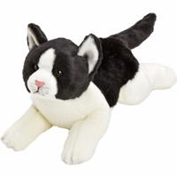 Pluche poes/kat knuffeldier - liggend - zwart/wit - 33 cm - katten knuffels - thumbnail