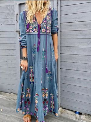 V Neck Long Sleeve Floral Pattern Maxi Dress