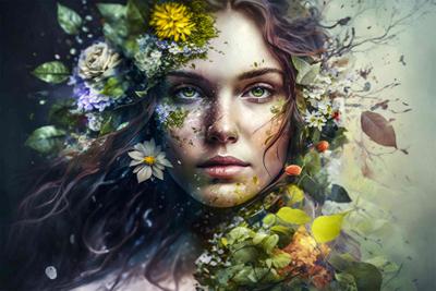 Foto Glas Art - Vrouw met gekleurde bloemen en bladeren om haar heen , 80x120, prachtig voor in de woon en of slaapkamer, inclusief ophang materiaal