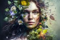 Foto Glas Art - Vrouw met gekleurde bloemen en bladeren om haar heen , 80x120, prachtig voor in de woon en of slaapkamer, inclusief ophang materiaal