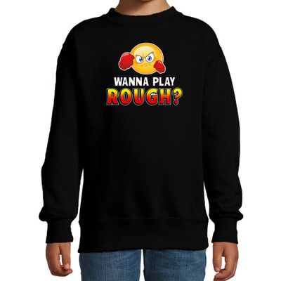 Funny emoticon sweater Wanna play rough zwart kids