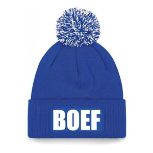 Boef muts/beanie met pompon - onesize - unisex - blauw One size  -